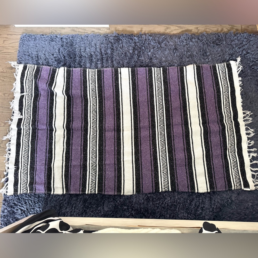 Vintage Earth Ragz Purple White Striped Fringed Indian blanket 38" x 68"